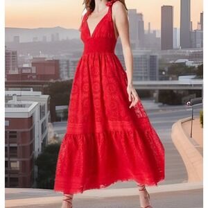 Alice + Olivia Maxi Dress Levine Eyelet-Embroidered Cotton Linen Blend Sz 2